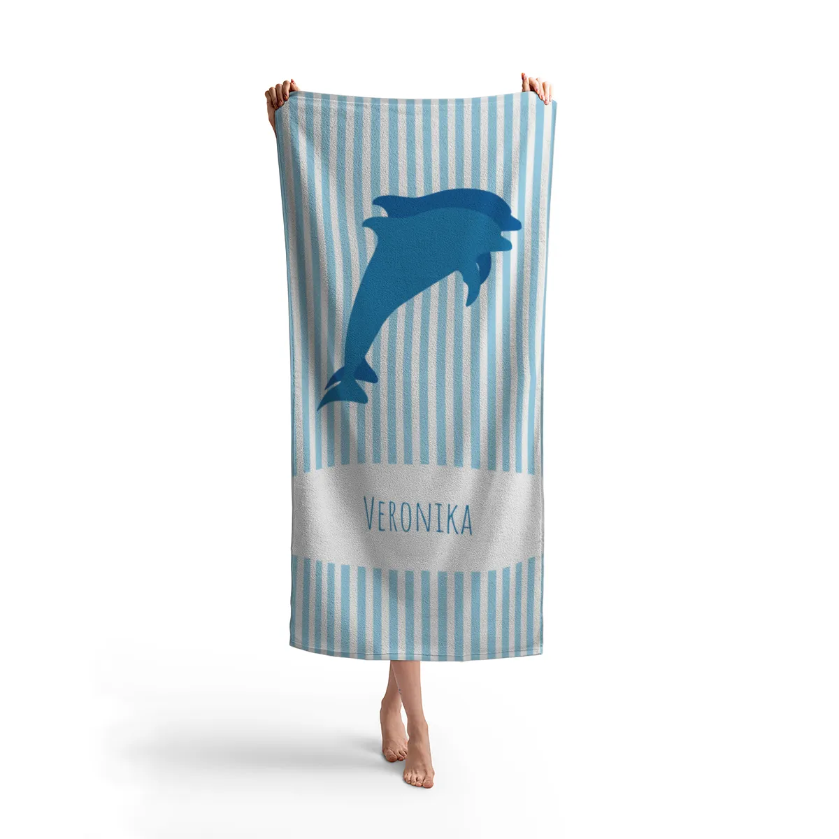 Duschtuch gestreift mit blauen Delfinen - mit Namen personalisierbar - personalisiertes Namensduschtuch - Delfine blau
