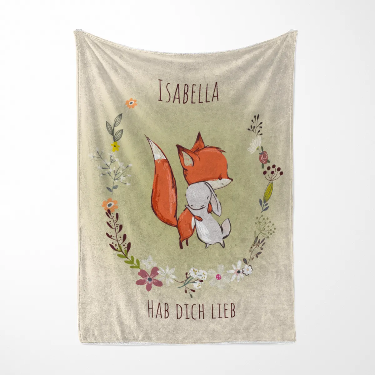 Babydecke mit Namen personalisierbar, Kuscheldecke, Namensdecke mit niedlichem Tiermotiv, Geschenkidee Geburtstag Motiv Fuchs und Hase 75 x 100 cm