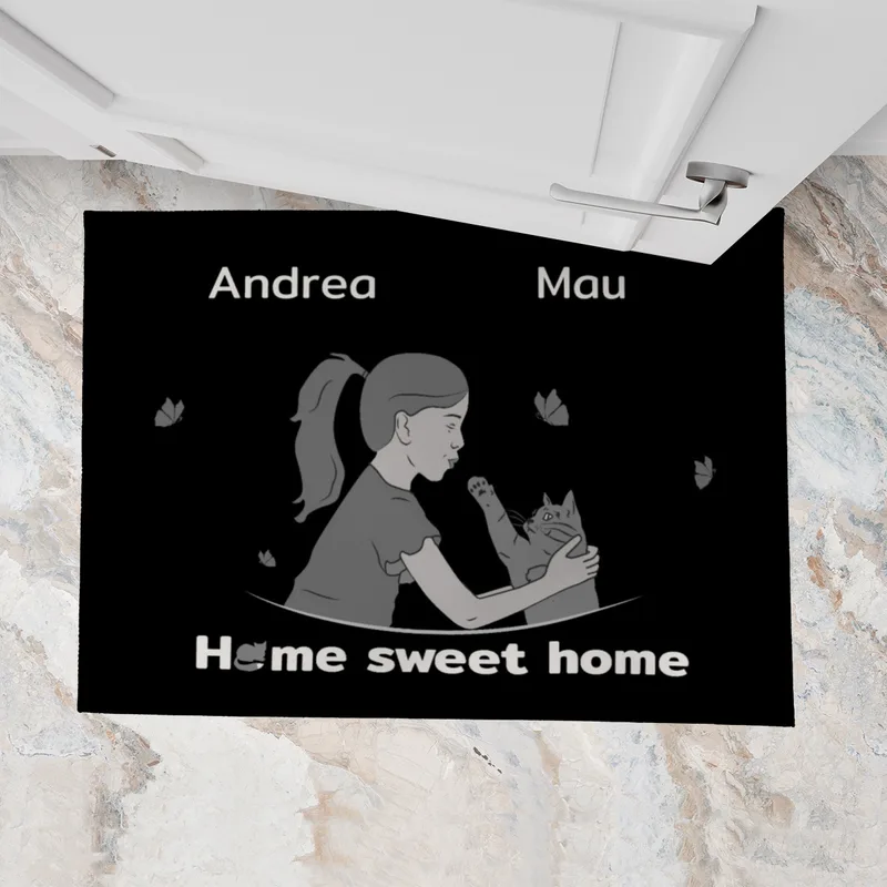 Personalisierte Fußmatte Pärchen mit Hund und Katze schwarz 70 x 50 cm