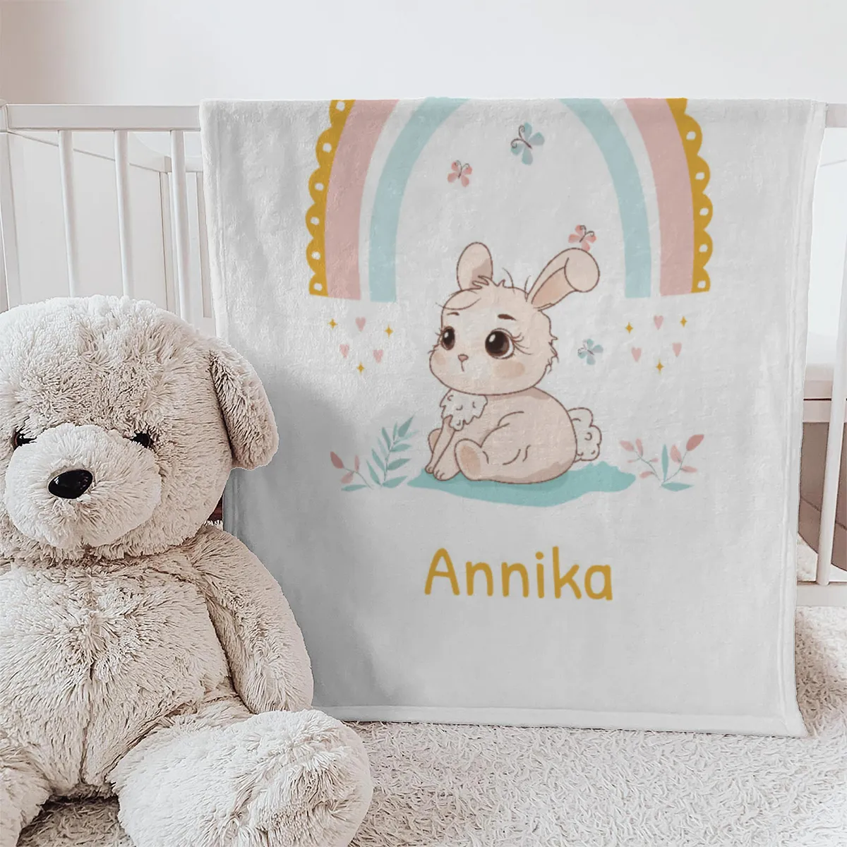 Babydecke Häschen mit Regenbogen - mit Namen personalisierbar Hase 75 x 100 cm