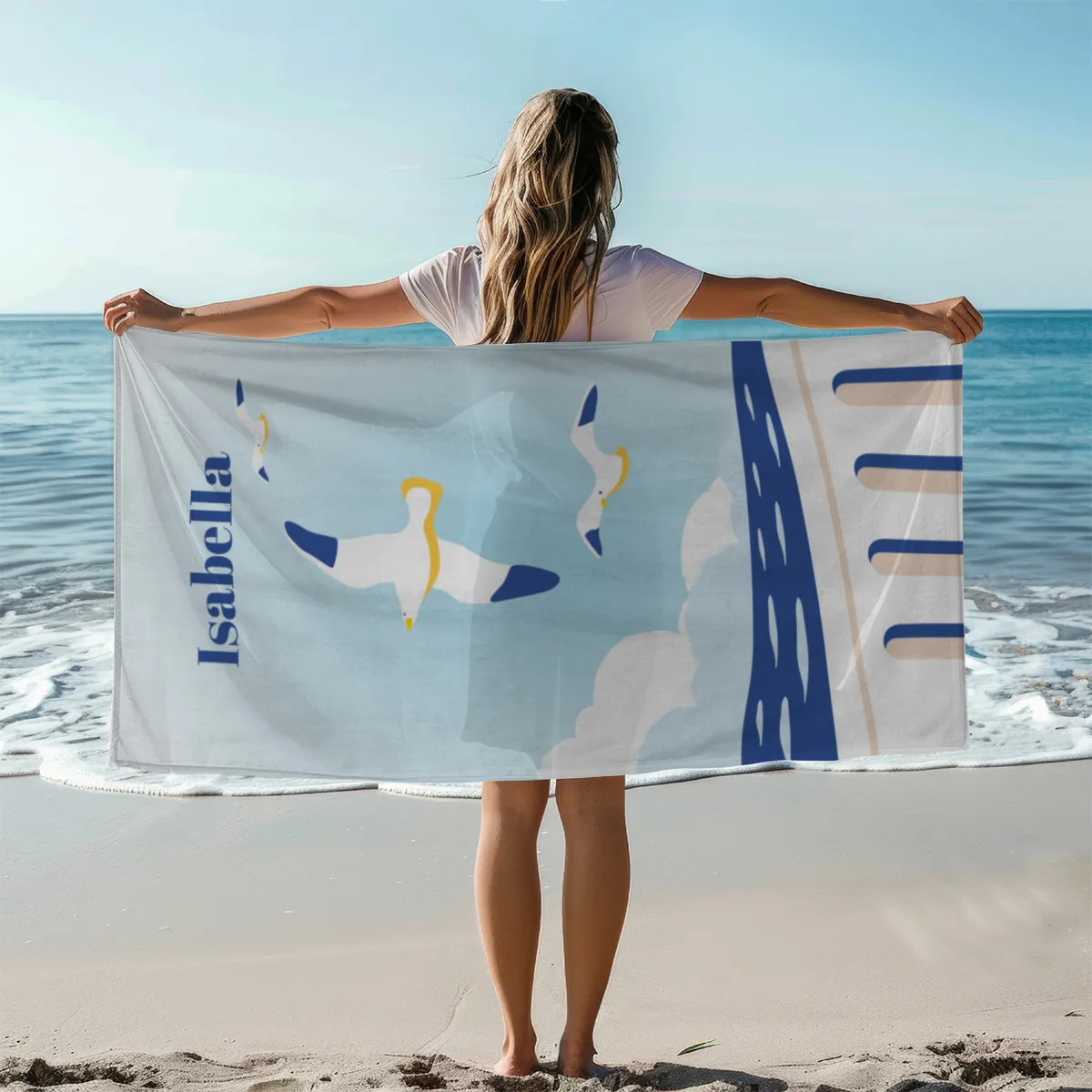 Badetuch Sommer - mit Namen personalisierbar - personalisiertes Namens-Badetuch - Strandtuch mit Wunschtext - Möwen
