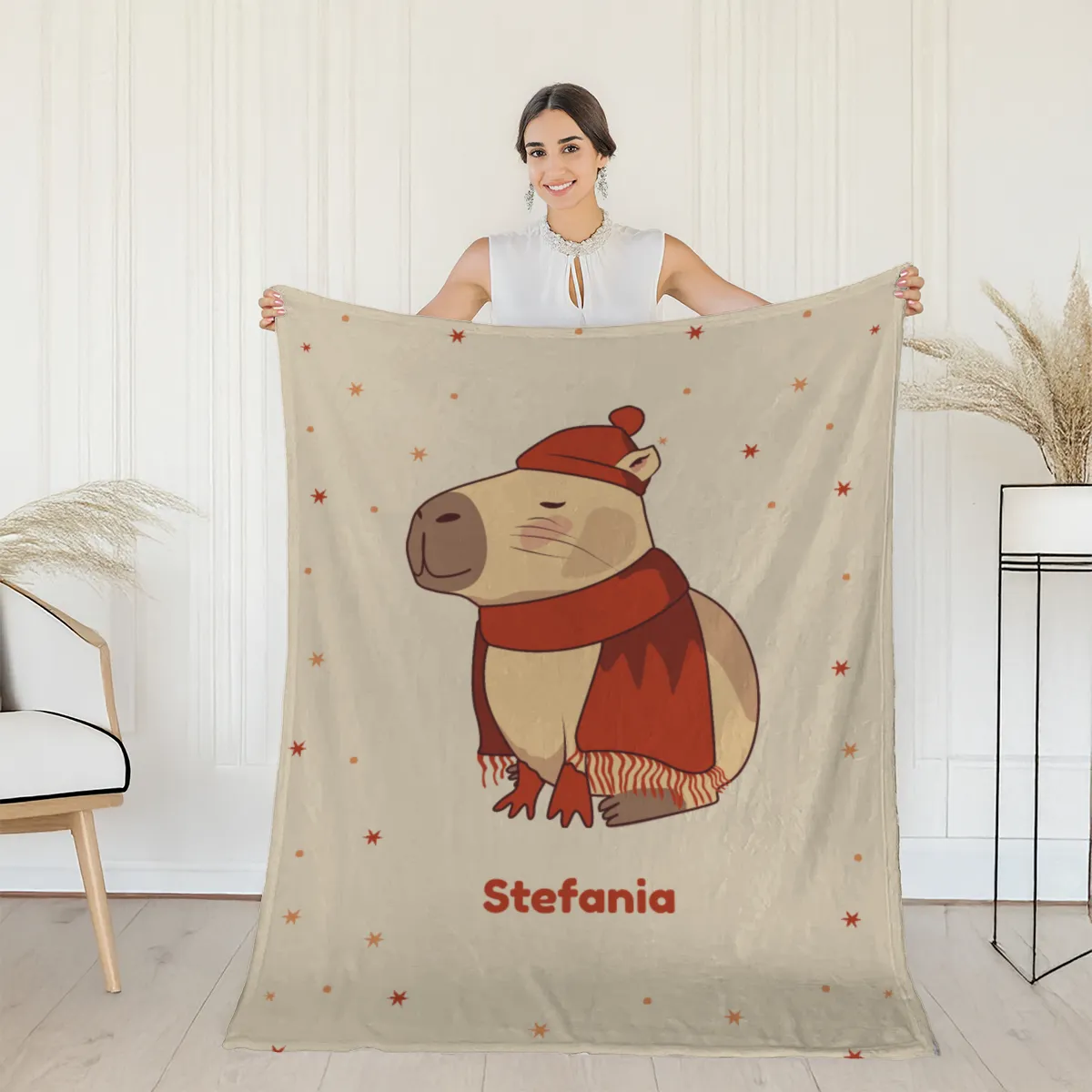Wohndecke mit Namen personalisierbar, Kuscheldecke, niedliche Namensdecke mit Capybara, Geschenkidee Geburtstag Motiv Capy Wintermütze 140 x 200 cm