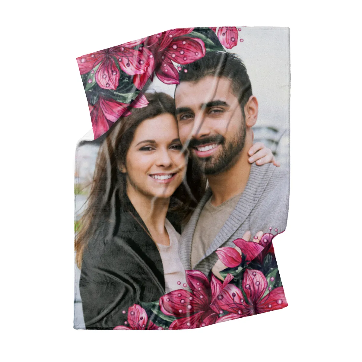 Kuscheldecke Pink Floral 140 x 200 cm mit Ihrem Bild - mit Foto personalisierbar - Fotodecke floral selbst gestalten - Geschenkidee Valentin, Hochzeit 1 Foto Pink Floral 140 x 200 cm