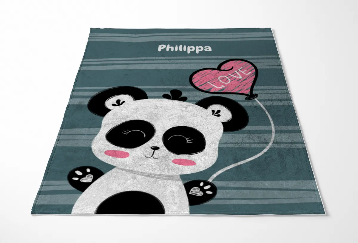 Babydecke mit Namen personalisierbar, Kuscheldecke, Namensdecke mit niedlichem Tiermotiv, Geschenkidee Geburtstag Motiv Panda Love 75 x 100 cm