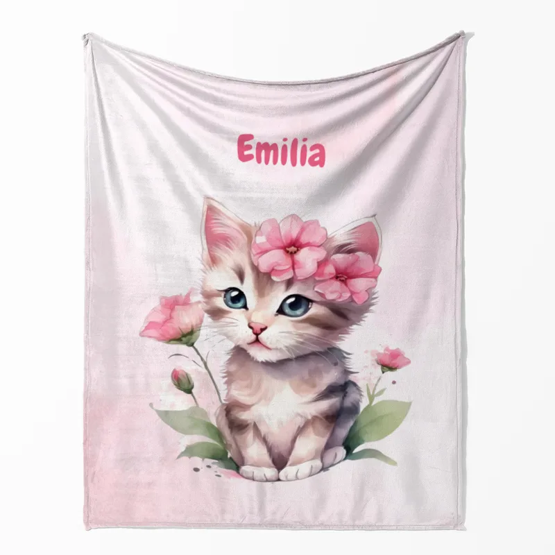 Wohndecke mit Namen personalisierbar, Kuscheldecke, Namensdecke mit süßem Kätzchen, Geschenkidee Geburtstag Motiv Katze rosa 140 x 200 cm