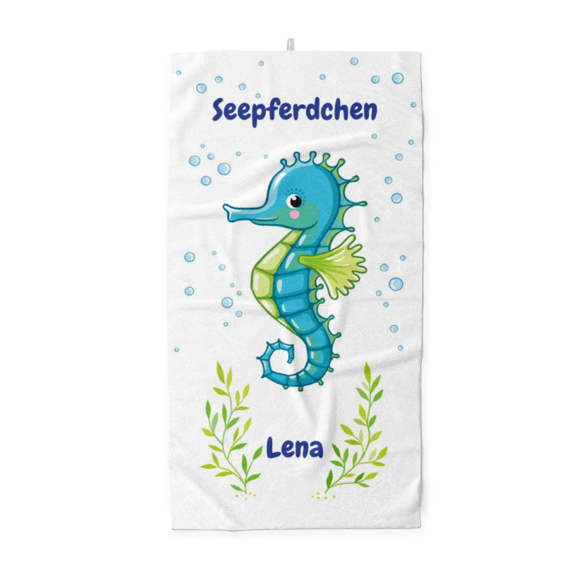 Duschtuch mit Namen personalisierbar - personalisiertes Namens-Duschtuch mit Wunschtext - Seepferdchen blau