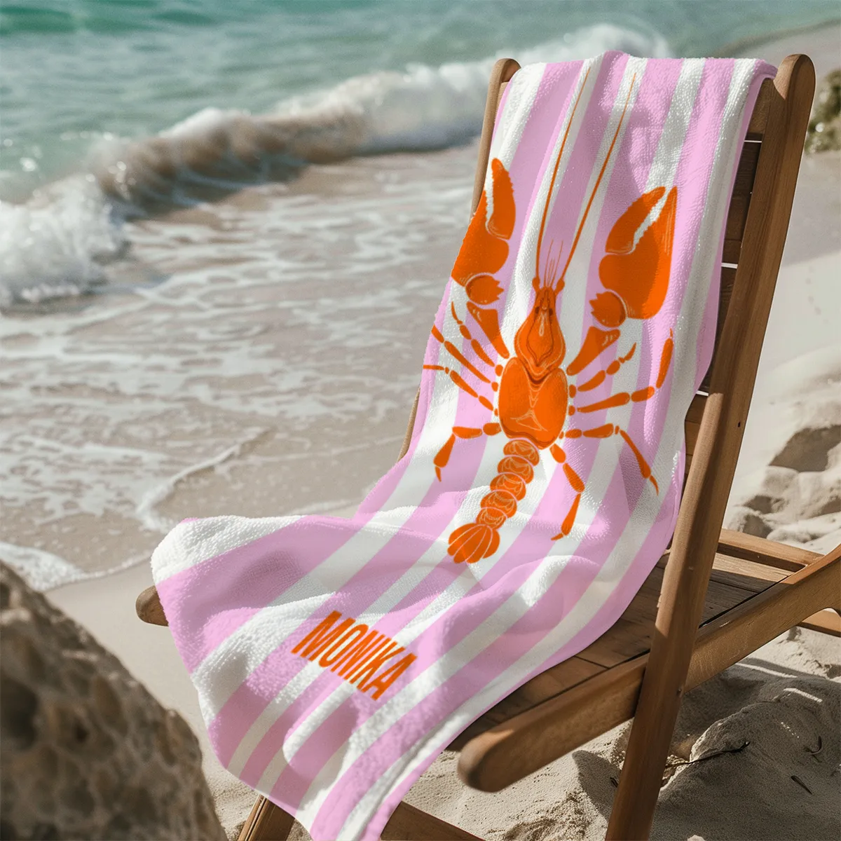 Badetuch blau gestreift mit Hummer - mit Namen personalisierbar - personalisiertes Namens-Badetuch - Strandtuch mit Wunschtext - Lobster blau