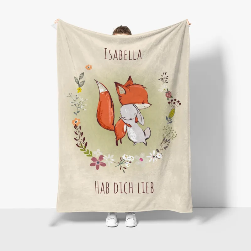 Wohndecke mit Namen personalisierbar, Kuscheldecke, Namensdecke mit Fuchs und Hase, Geschenkidee Geburtstag Motiv Fuchs und Hase 140 x 200 cm