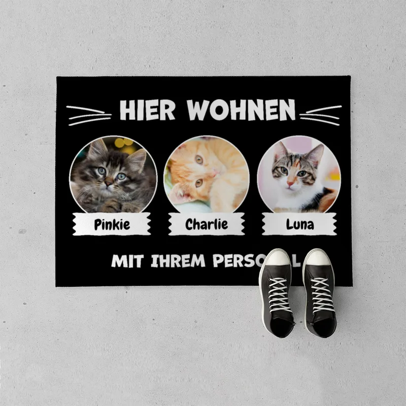 Spruch-Fußmatte Hier wohnt 1 Katze mit Personal - personalisiert mit Foto und Name - Geschenkidee für Katzenhalter, Haustierbesitzer