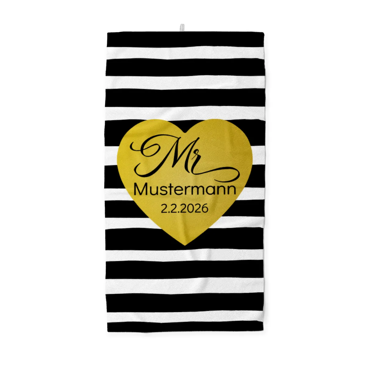 Badetuch mit Namen personalisierbar - personalisiertes Namens-Badetuch - Strandtuch mit Wunschtext - Geschenkidee Hochzeit, Paar - Motiv Misses Heart Stripes