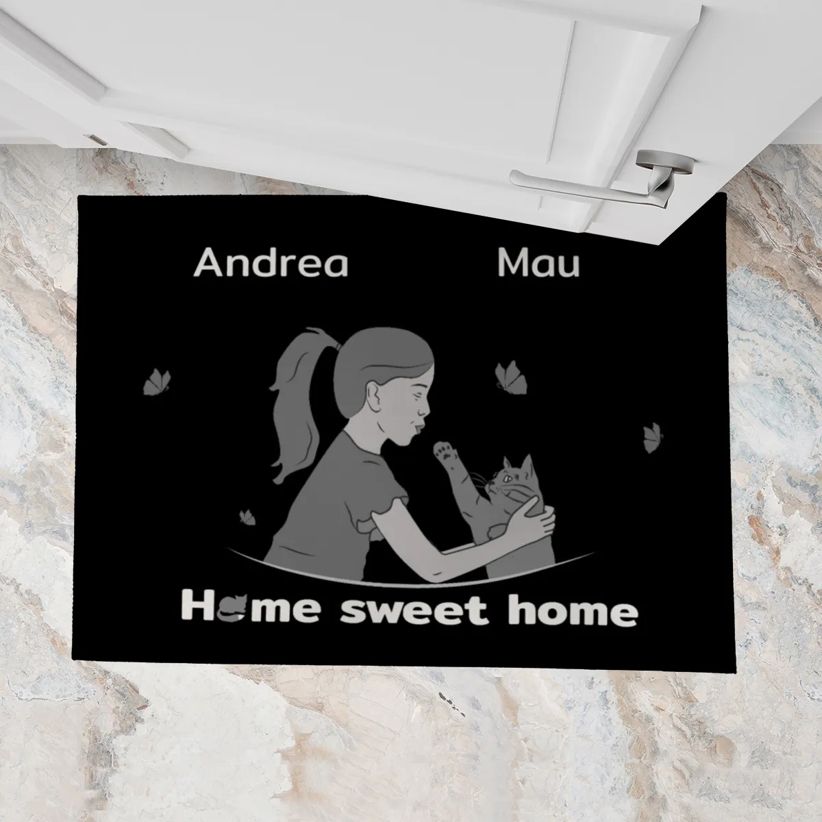 Personalisierte Fußmatte Pärchen mit Hund und Katze schwarz 70 x 50 cm