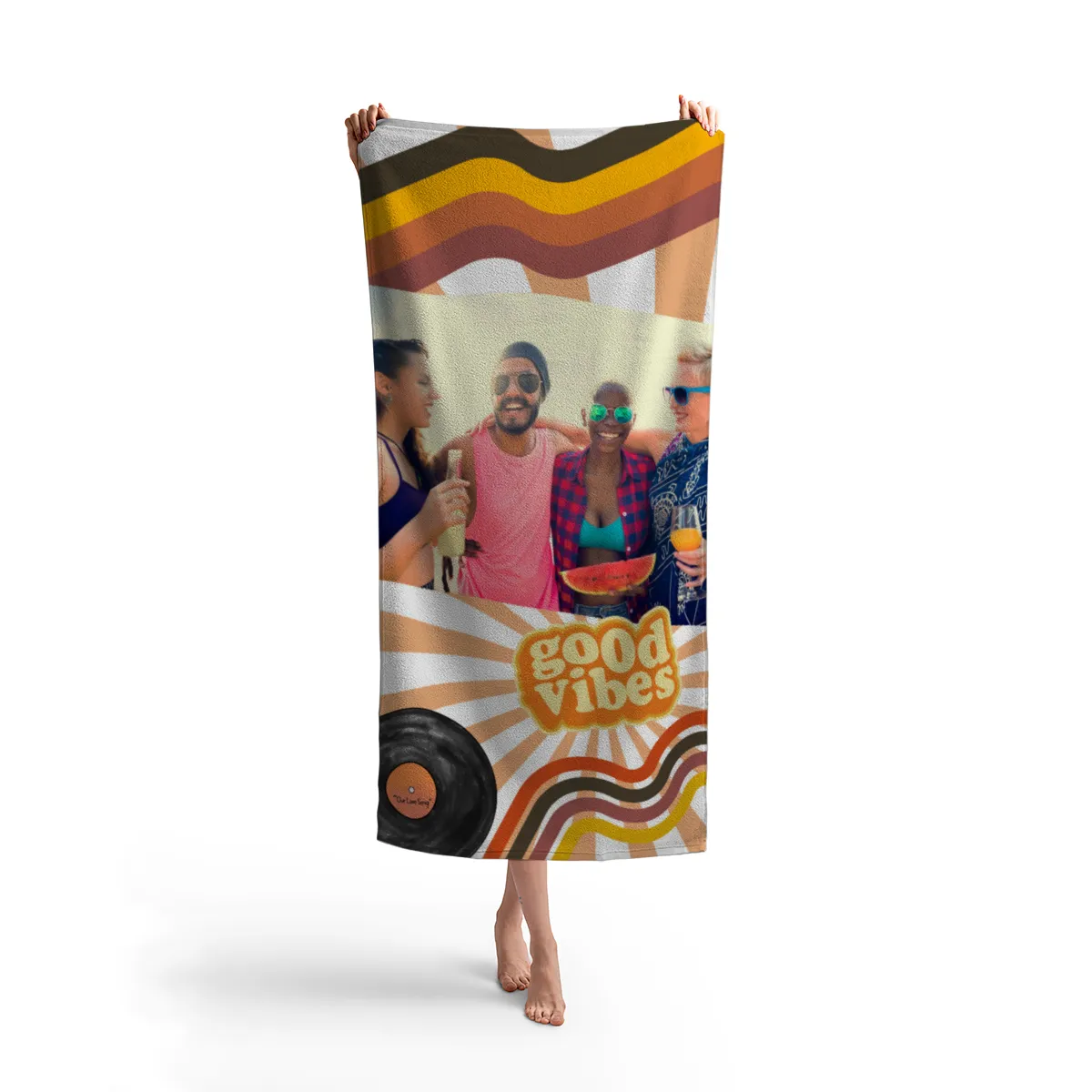 Strandtuch Good Vibes im Retro-Look - mit Foto personalisierbar - Foto-Badetuch für Urlaub, Bad, Strand - Good Vibes