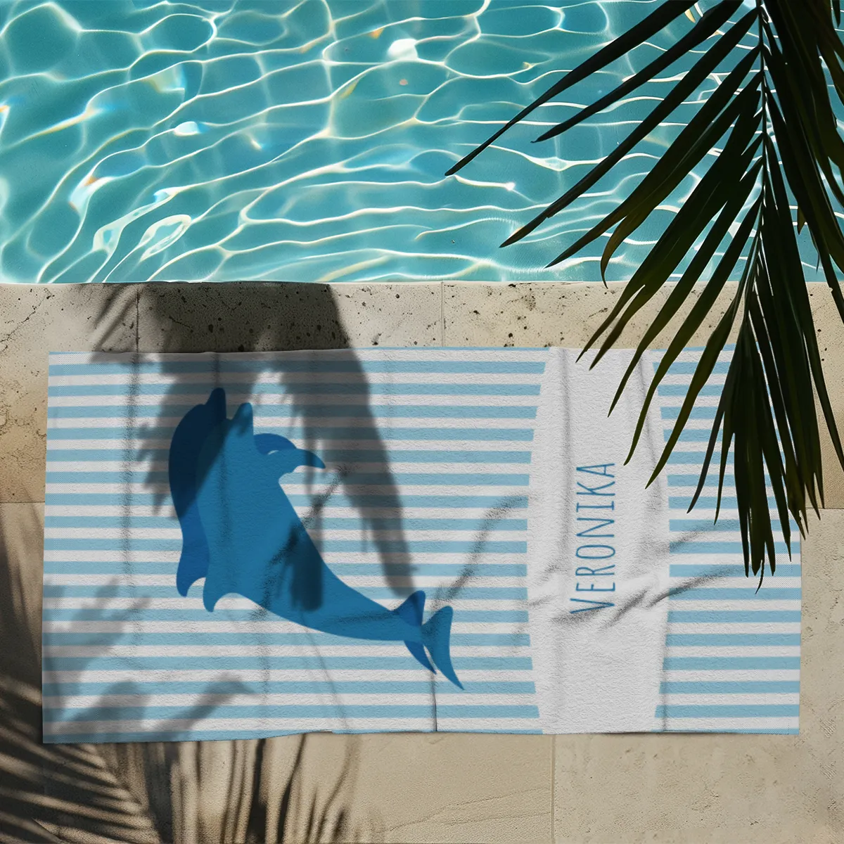 Duschtuch gestreift mit blauen Delfinen - mit Namen personalisierbar - personalisiertes Namensduschtuch - Delfine blau