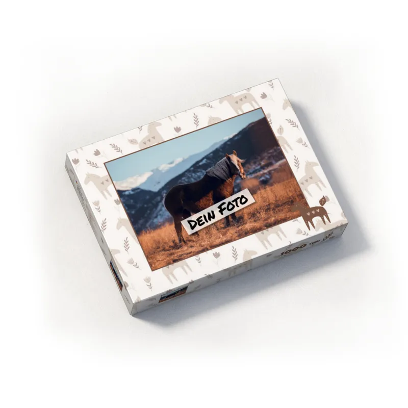 Fotopuzzle mit eigenem Bild - Fotopuzzle selbst gestalten 1000 Teile - Schachtel Skandipferde- Puzzle mit Foto personalisiert - Geschenk Geburtstag, Pferdefans Skandipferde 1000 Teile Quer