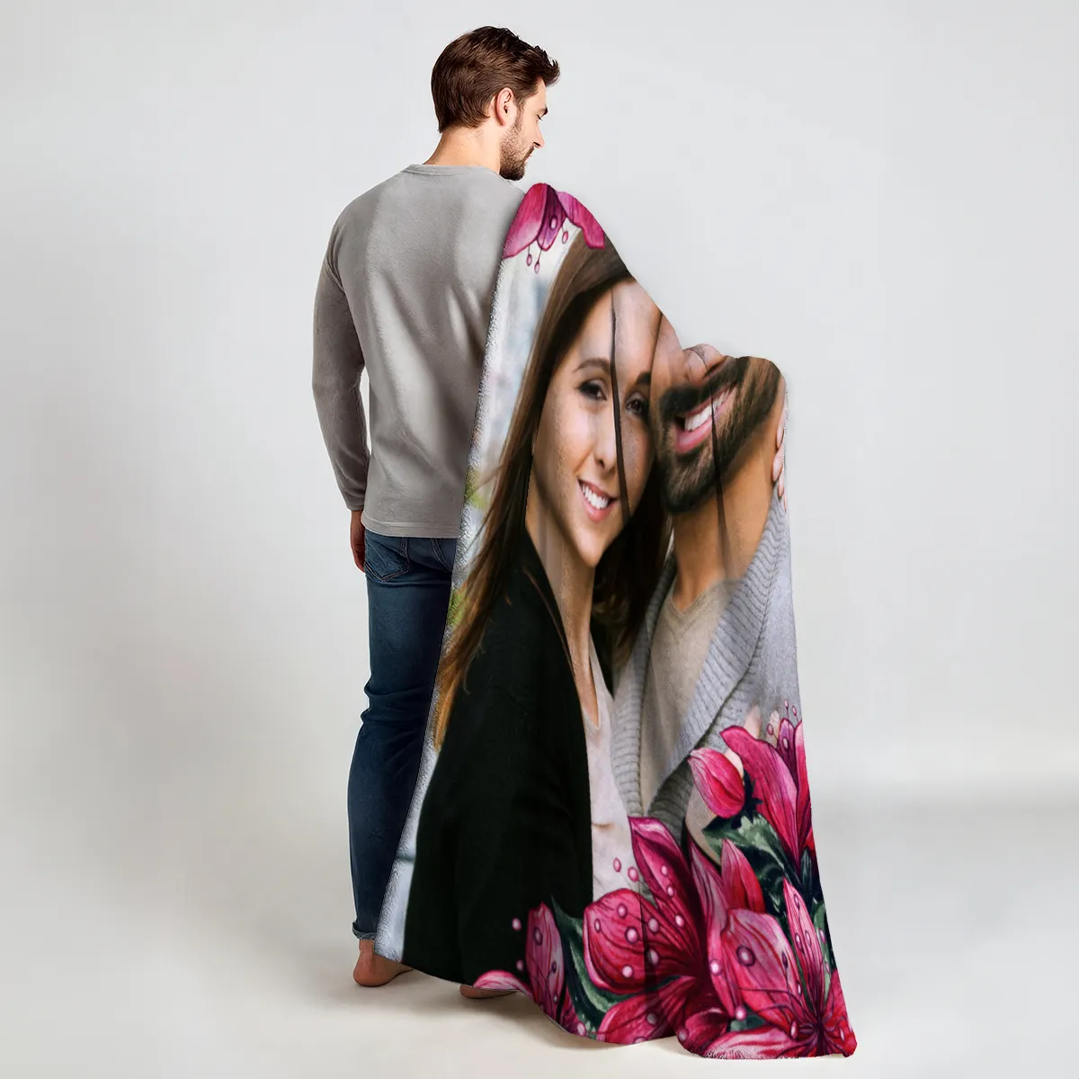 Kuscheldecke Pink Floral 140 x 200 cm mit Ihrem Bild - mit Foto personalisierbar - Fotodecke floral selbst gestalten - Geschenkidee Valentin, Hochzeit 1 Foto Pink Floral 140 x 200 cm