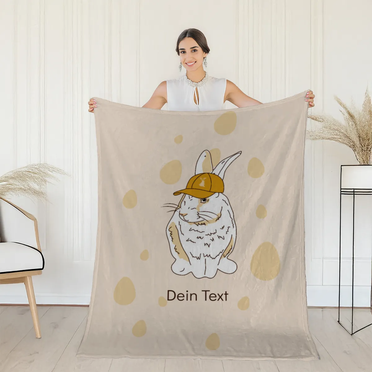 Kuscheldecke Hase mit Käppi - mit Namen personalisierbar - Geschenkidee Ostern, Osterdeko Hase Käppi 125 x 155 cm