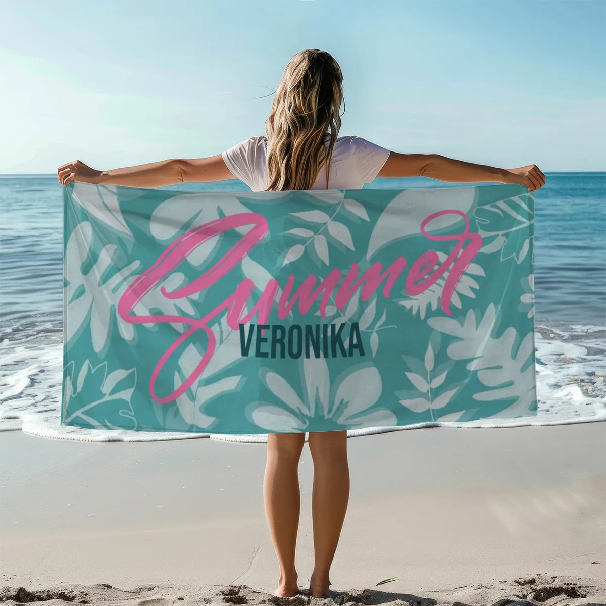 Badetuch Summer mit tropischen Blättern - mit Namen personalisierbar - personalisiertes Namensbadetuch - Strandtuch Sommer mit Namen - Summerleaves