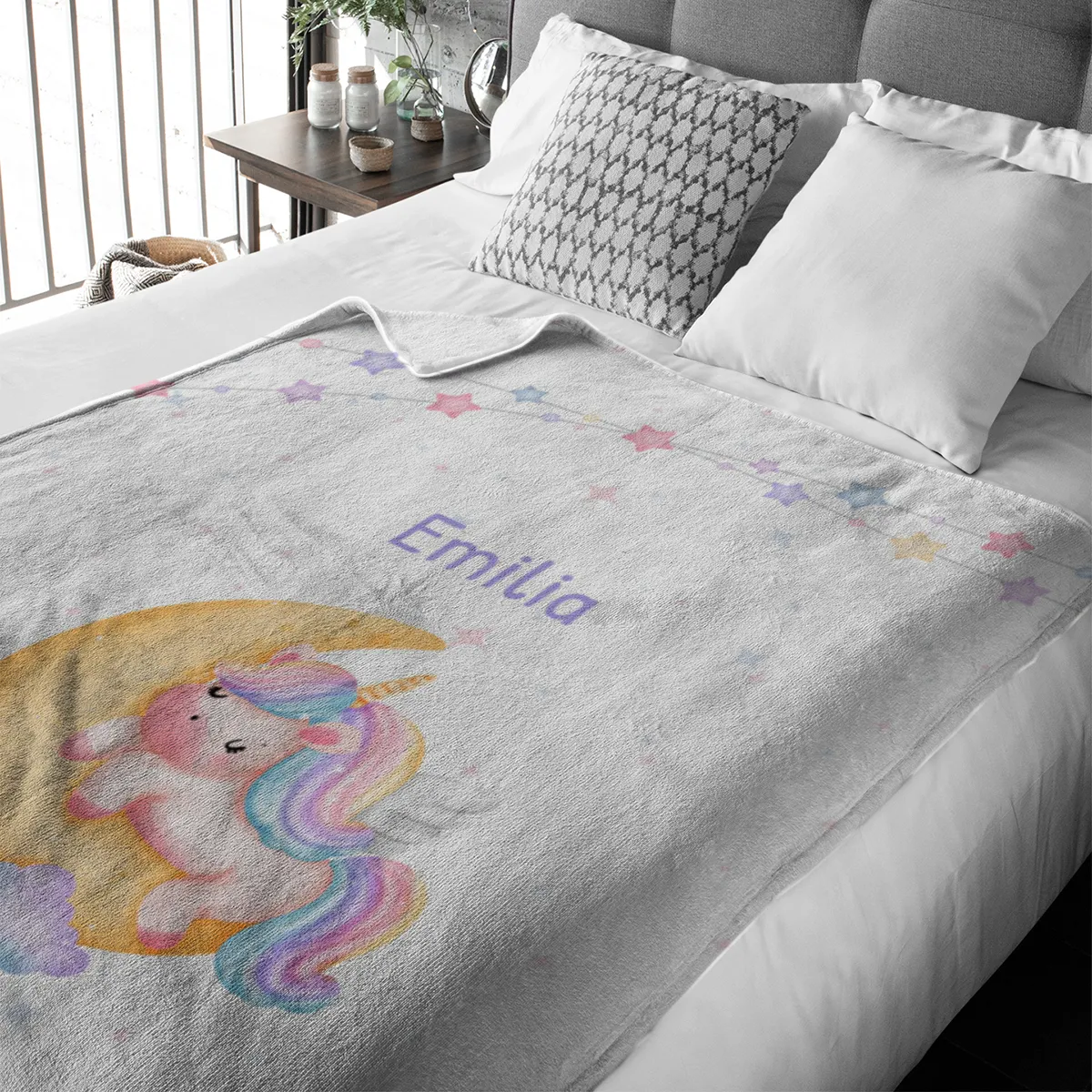 Babydecke mit Namen personalisierbar, Kuscheldecke, Namensdecke mit Einhorn, Geschenkidee Geburt Motiv Einhorn 75 x 100 cm