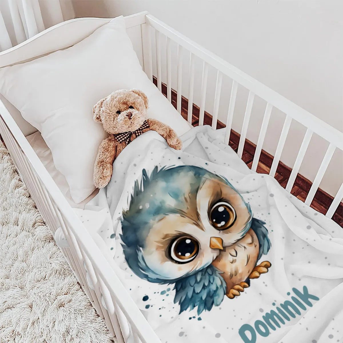 Personalisierte Kuscheldecke mit niedlicher Eule - Decke 75 x 100 cm mit Namen personalisierbar - Geschenkidee Baby - Geschenkidee Geburt Eule 75 x 100 cm