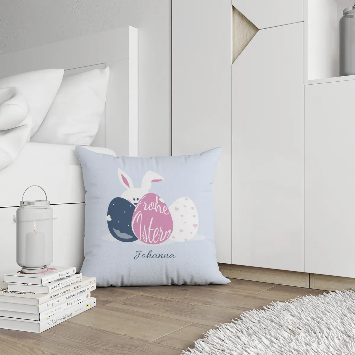 Namenskissen Osterhase - Samtkissenbezug frecher Hase - mit Namen personalisierbar - Osterdeko - Geschenkidee Ostern Hase Ostereier 40 x 40 cm