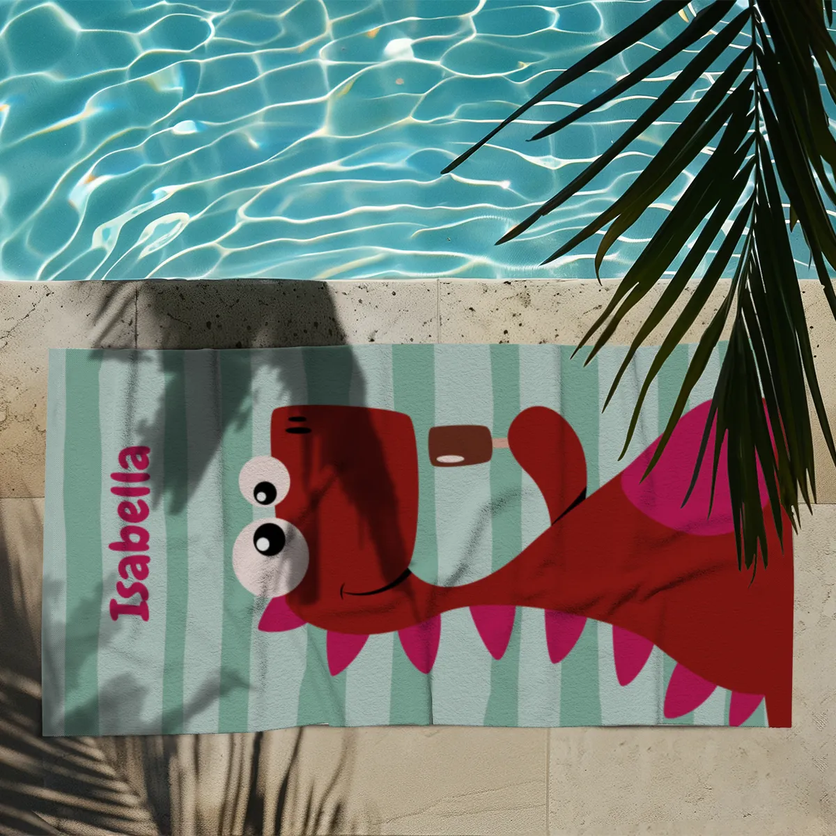 Dinosaurier-Badetuch mit Namen personalisierbar - personalisiertes Namens-Strandtuch - Kinderbadetuch mit Wunschtext - Dino Ice rot