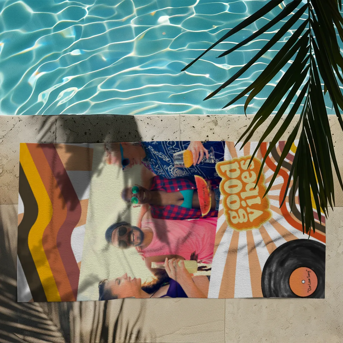 Strandtuch Good Vibes im Retro-Look - mit Foto personalisierbar - Foto-Badetuch für Urlaub, Bad, Strand - Good Vibes