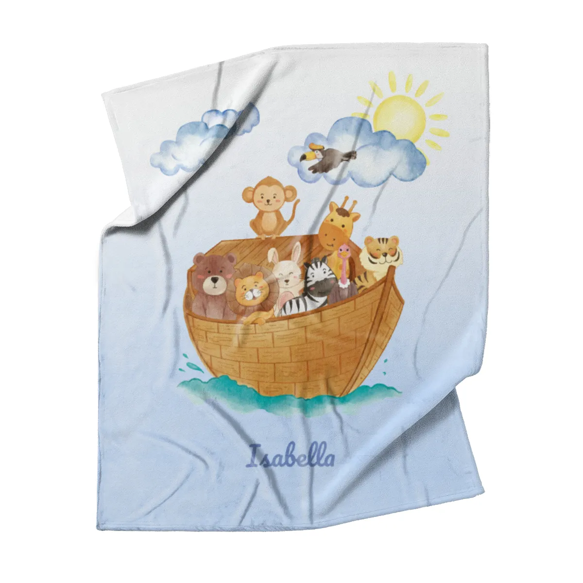 Wohndecke mit Namen personalisierbar, Kuscheldecke, Namensdecke mit niedlichem Tiermotiv, Geschenkidee Geburtstag Motiv Tiere Arche 140 x 200 cm