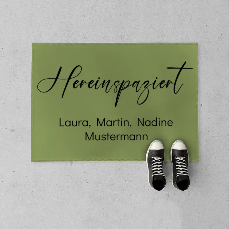 Fußmatte mit Namen personalisierbar - Geschenkidee Einzug, Geburtstag, Richtfest, Umzug - Fussmatte mit Namen - Motiv Hereinspaziert schwarz 70 x 50 cm