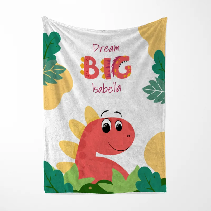 Wohndecke Dream big mit Namen personalisierbar, Kuscheldecke, Namensdecke mit niedlichem Dino, Geschenkidee Geburtstag Motiv Dino rot 140 x 200 cm