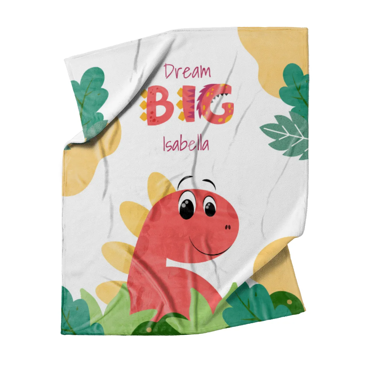 Wohndecke Dream big mit Namen personalisierbar, Kuscheldecke, Namensdecke mit niedlichem Dino, Geschenkidee Geburtstag Motiv Dino rot 140 x 200 cm