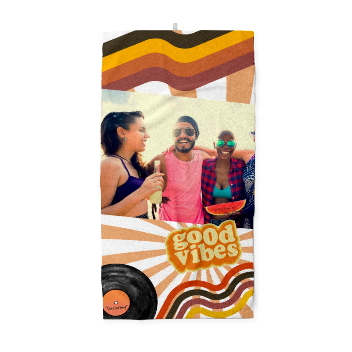 Strandtuch Good Vibes im Retro-Look - mit Foto personalisierbar - Foto-Badetuch für Urlaub, Bad, Strand - Good Vibes