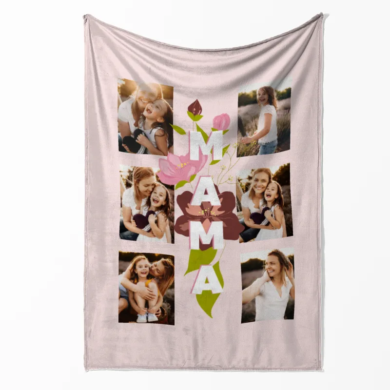 Kuscheldecke Mama Blüten 140 x 200 cm - mit 6 Fotos personalisierbar - Fotodecke selbst gestalten - Geschenkidee Muttertag Mama Blüten 6 Fotos 140 x 200 cm