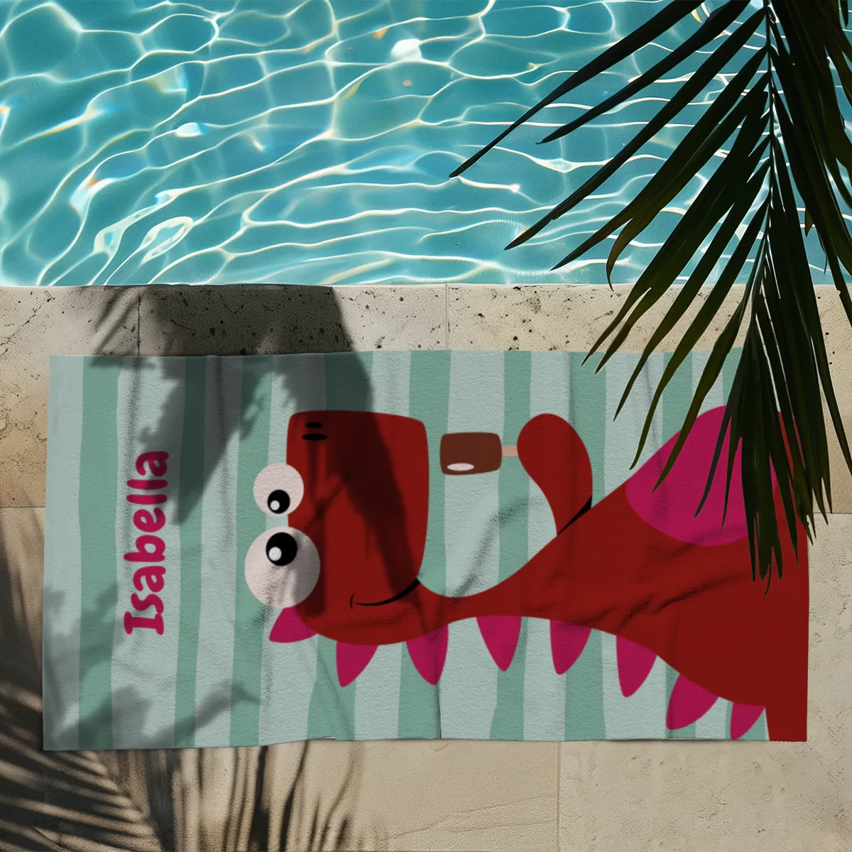 Dinosaurier-Badetuch mit Namen personalisierbar - personalisiertes Namens-Strandtuch - Kinderbadetuch mit Wunschtext - Dino Ice rot