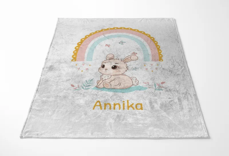 Babydecke Häschen mit Regenbogen - mit Namen personalisierbar Hase 75 x 100 cm