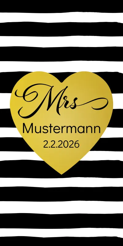 Badetuch mit Namen personalisierbar - personalisiertes Namens-Badetuch - Strandtuch mit Wunschtext - Geschenkidee Hochzeit, Paar - Motiv Misses Heart Stripes