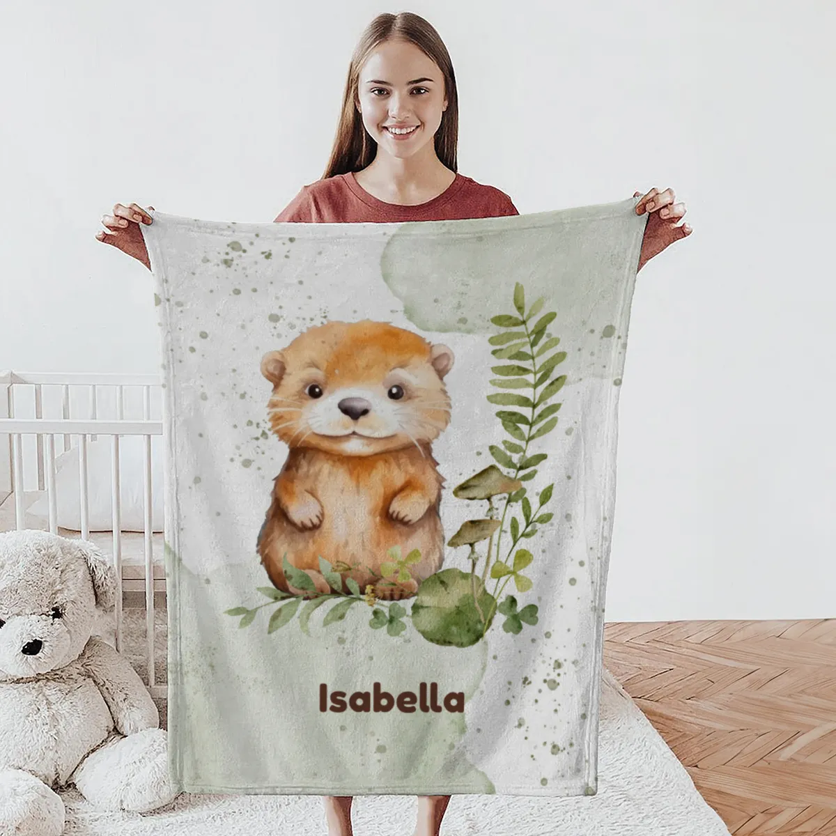 Wohndecke mit Namen personalisierbar, Kuscheldecke, Namensdecke mit Tiermotiv, Geschenkidee Geburtstag Motiv Kleiner Otter 140 x 200 cm