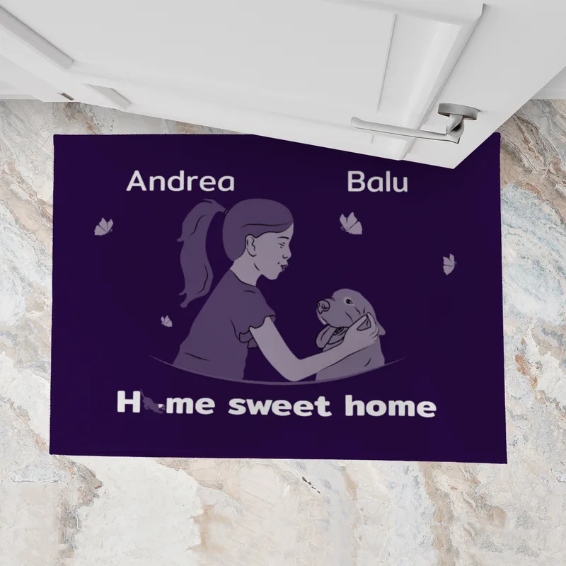Personalisierte Fußmatte Pärchen mit Hund und Katze schwarz 70 x 50 cm