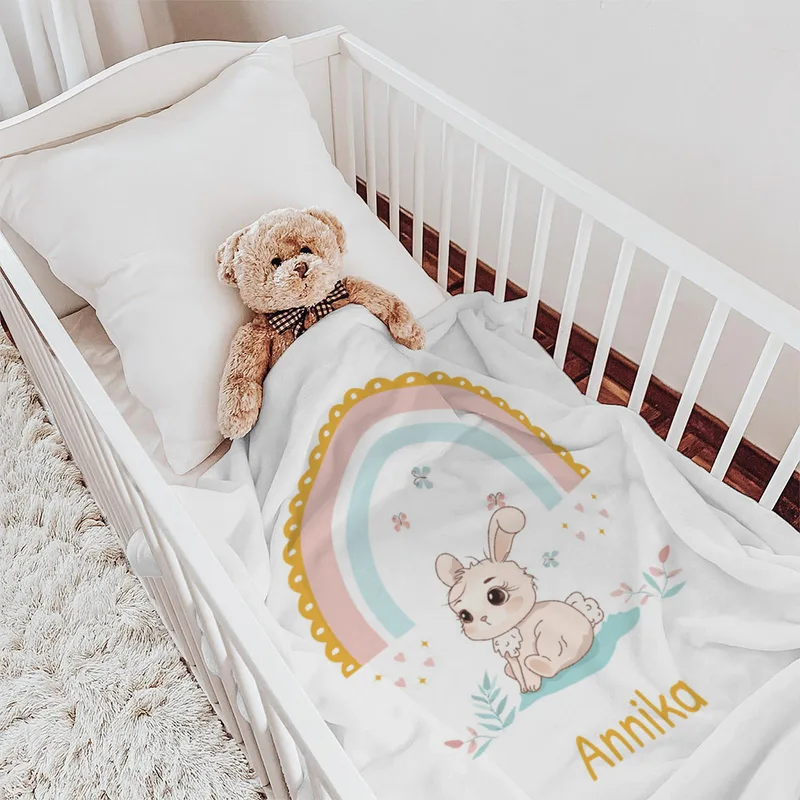 Babydecke Häschen mit Regenbogen - mit Namen personalisierbar Hase 75 x 100 cm