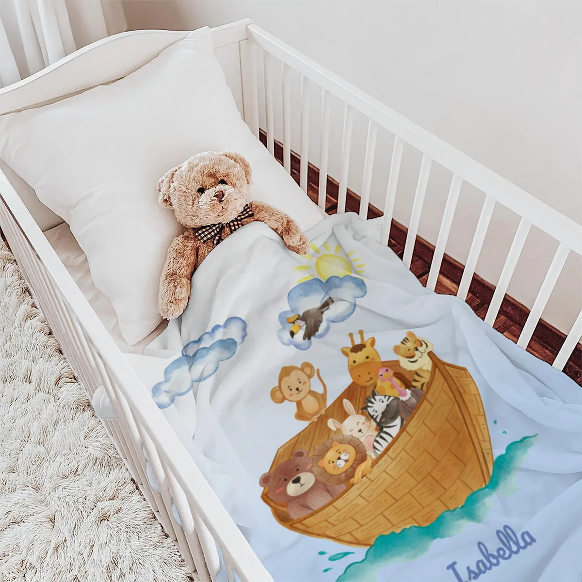 Wohndecke mit Namen personalisierbar, Kuscheldecke, Namensdecke mit niedlichem Tiermotiv, Geschenkidee Geburtstag Motiv Tiere Arche 140 x 200 cm