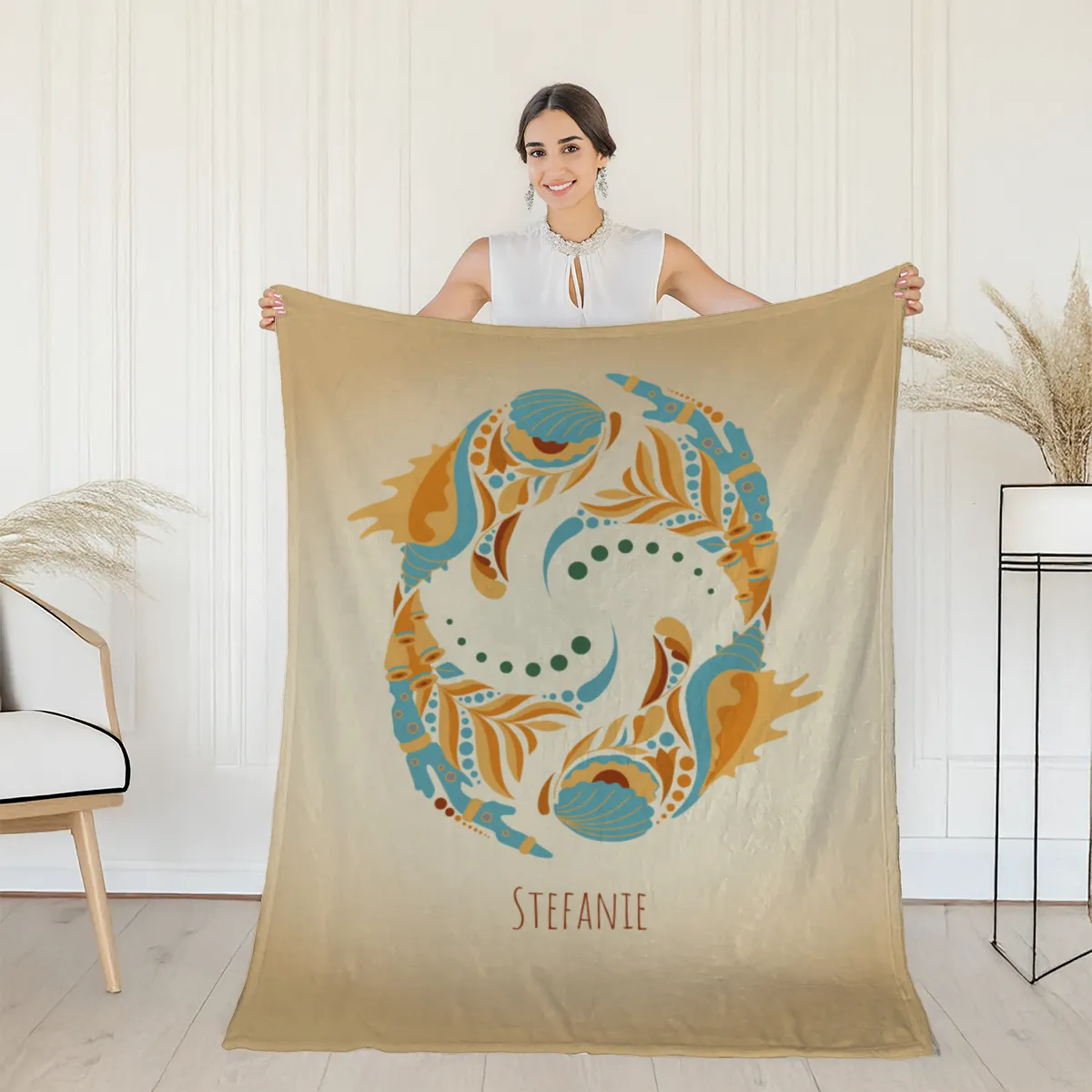 Sternzeichen Wohndecke Wassermann floral mit Namen personalisierbar
