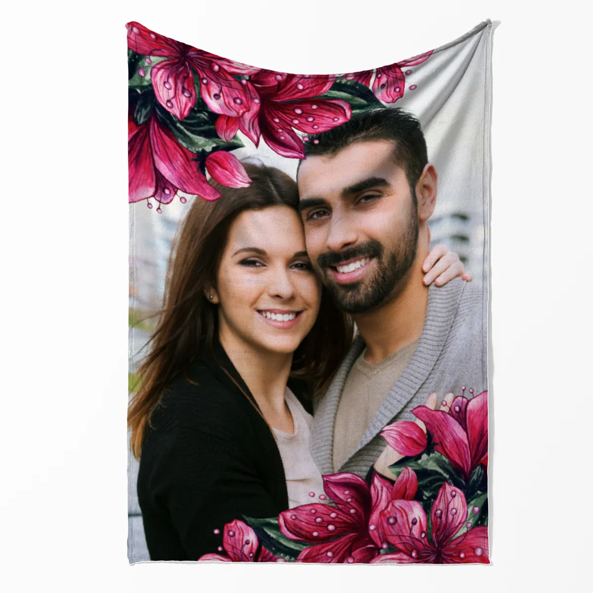 Kuscheldecke Pink Floral 140 x 200 cm mit Ihrem Bild - mit Foto personalisierbar - Fotodecke floral selbst gestalten - Geschenkidee Valentin, Hochzeit 1 Foto Pink Floral 140 x 200 cm