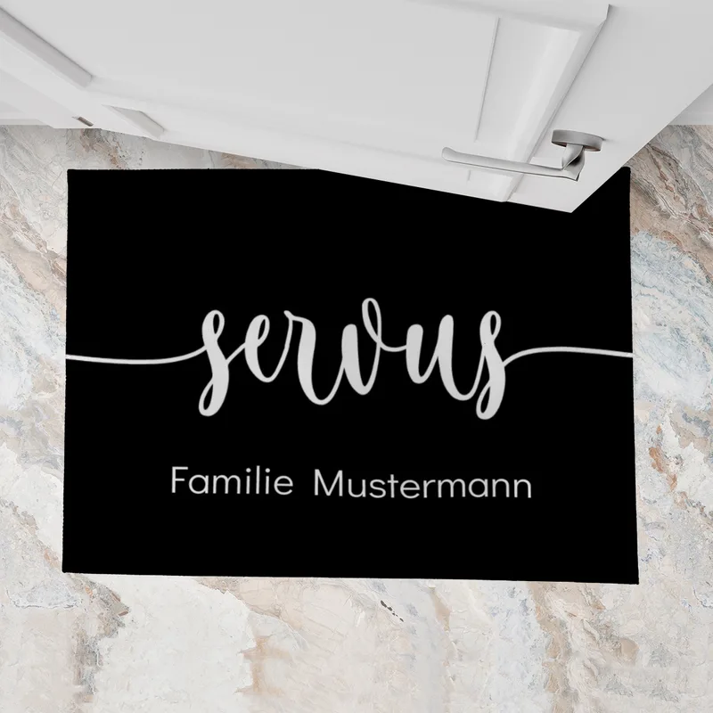 Fußmatte personalisiert - Geschenkidee für Familie, Paare, zum Einzug - Türvorleger mit Namen bedruckt - Motiv Servus schwarz 70 x 50 cm