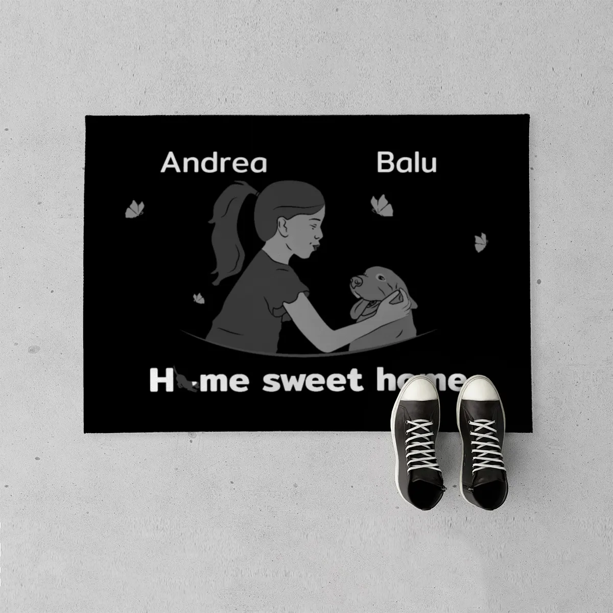 Personalisierte Fußmatte Pärchen mit Hund und Katze schwarz 70 x 50 cm