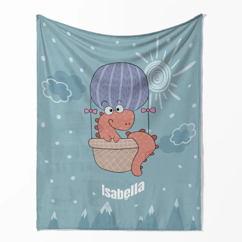 Babydecke mit Namen personalisierbar, Kuscheldecke, Namensdecke mit niedlichem Tiermotiv, Geschenkidee Geburtstag Motiv Luftfahrer Dino 125 x 155 cm