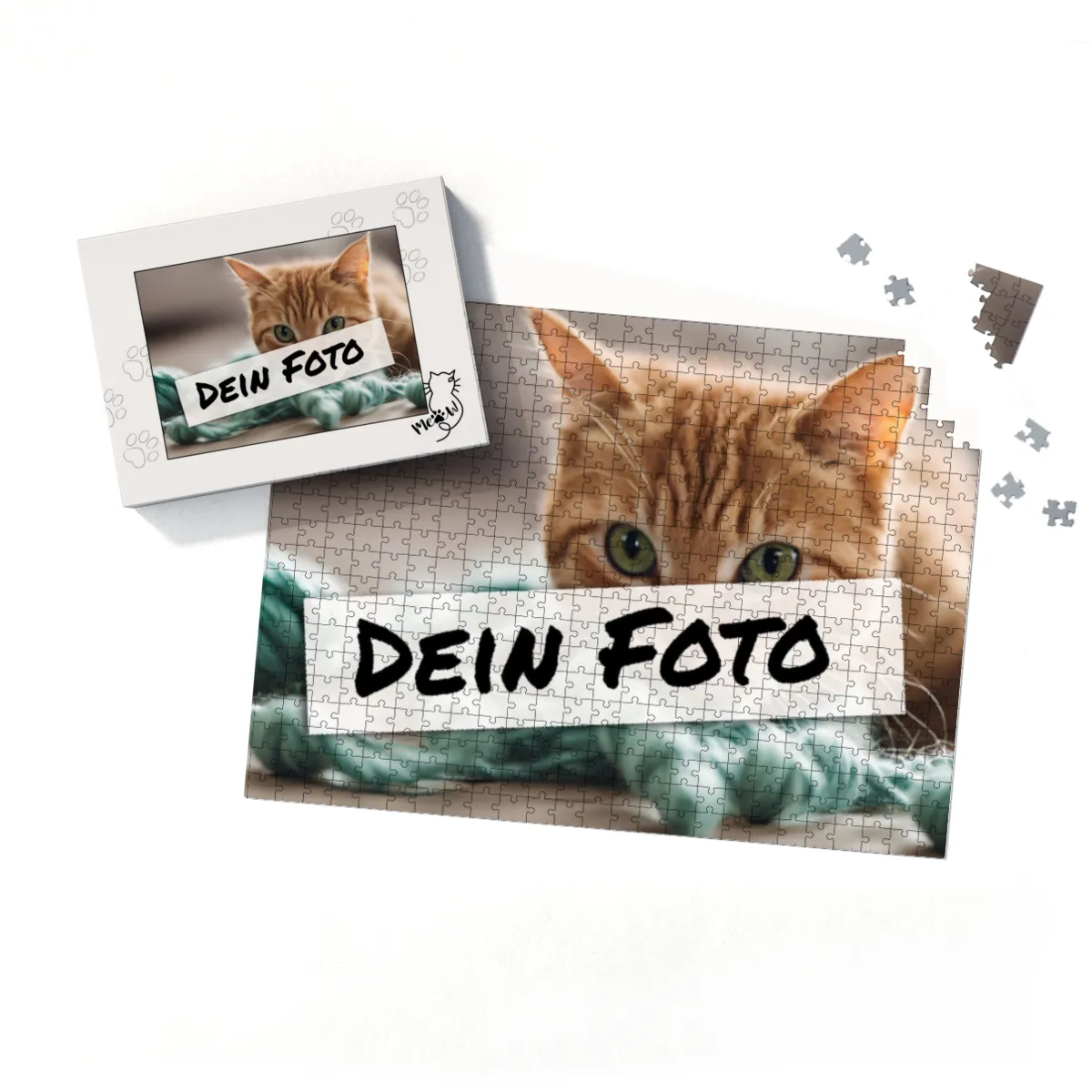 Fotopuzzle mit eigenem Bild - Puzzle selbst gestalten 1000 Teile - Schachtel Meow - mit Foto personalisiert - Geschenk Katzenfans Meow 1000 Teile Quer