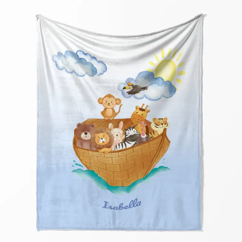 Wohndecke mit Namen personalisierbar, Kuscheldecke, Namensdecke mit niedlichem Tiermotiv, Geschenkidee Geburtstag Motiv Tiere Arche 125 x 155 cm