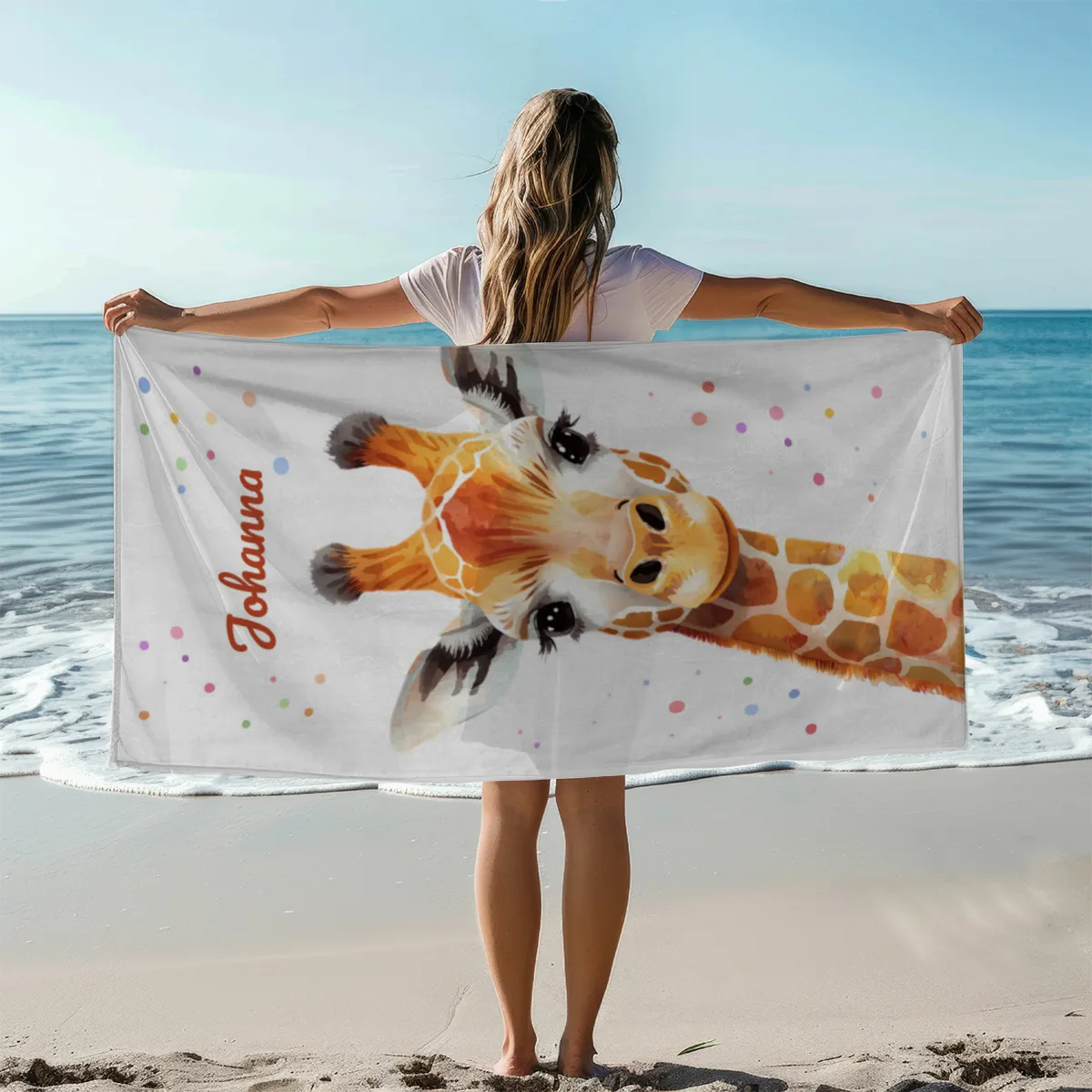 Badetuch mit Namen personalisierbar - personalisiertes Namens-Badetuch - Strandtuch mit Wunschtext - Giraffe