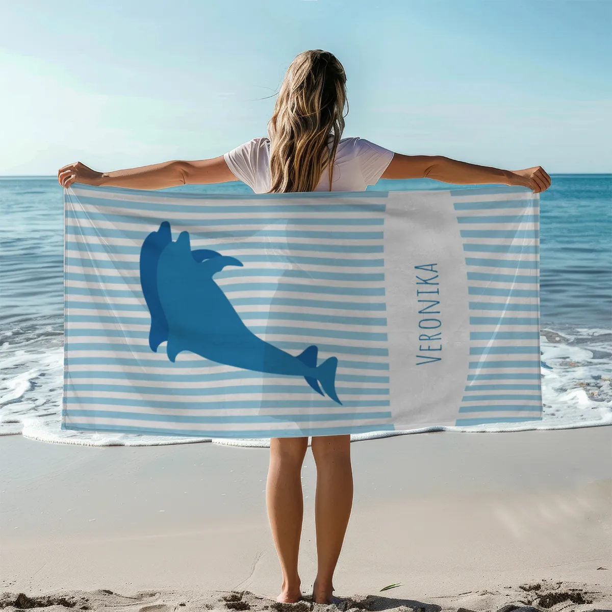 Duschtuch gestreift mit blauen Delfinen - mit Namen personalisierbar - personalisiertes Namensduschtuch - Delfine blau