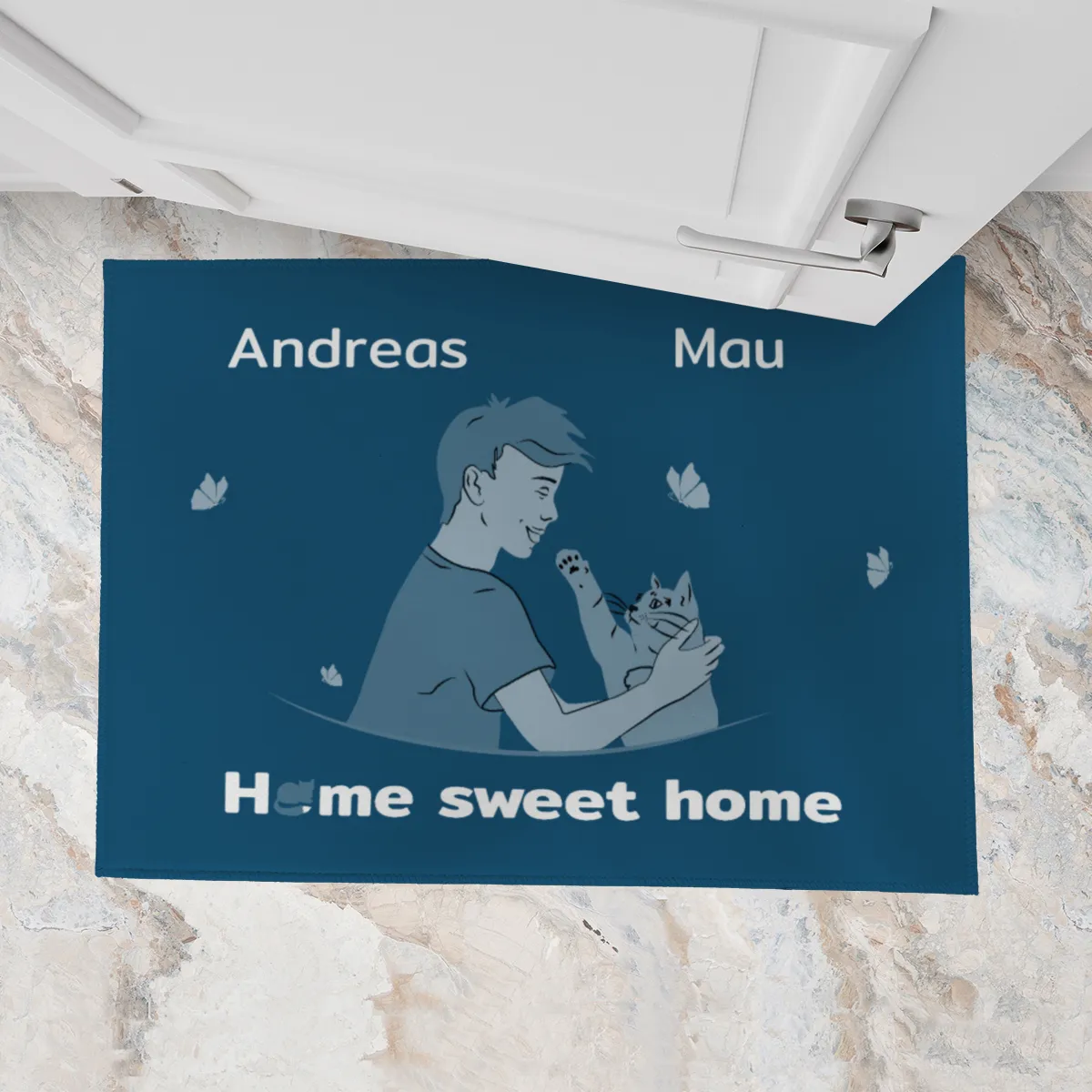 Personalisierte Fußmatte Pärchen mit Hund und Katze schwarz 70 x 50 cm