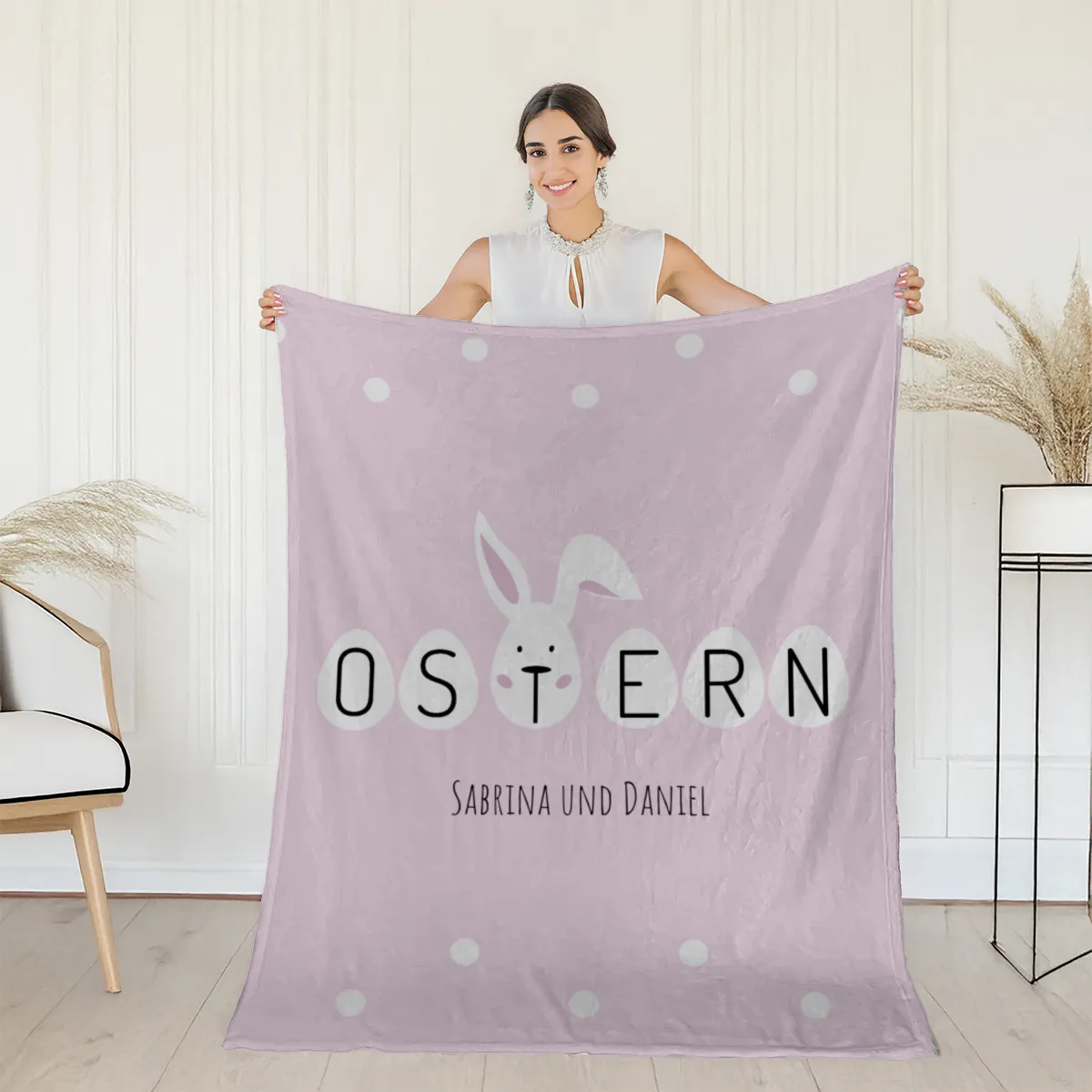 Kuscheldecke Ostern rosa - mit Namen personalisierbar - Geschenkidee Ostern, Osterdeko Ostern rosa 140 x 200 cm